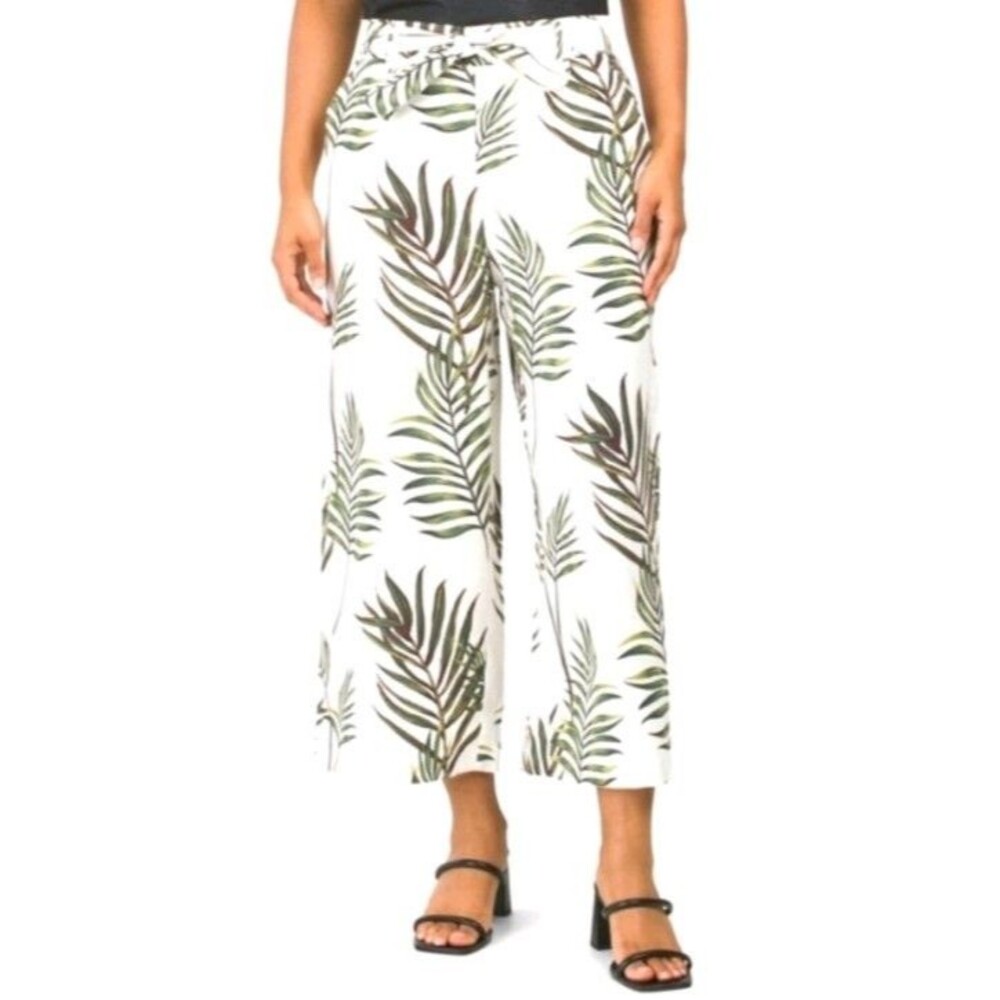 Joie Wide-Leg Cropped Pants, Size 4, 100% Linen, Ivory Green Palm Leaf Print